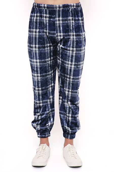 PS Men By Payal Singhal_Blue Velvet Checkered Bomber Kurta And Joggers Set _at_Aza_Fashions