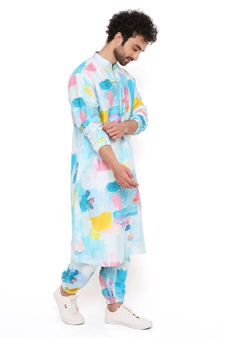 Buy_PS Men By Payal Singhal_Blue Dupion Silk Printed Painterly Kurta And Joggers Set _Online_at_Aza_Fashions