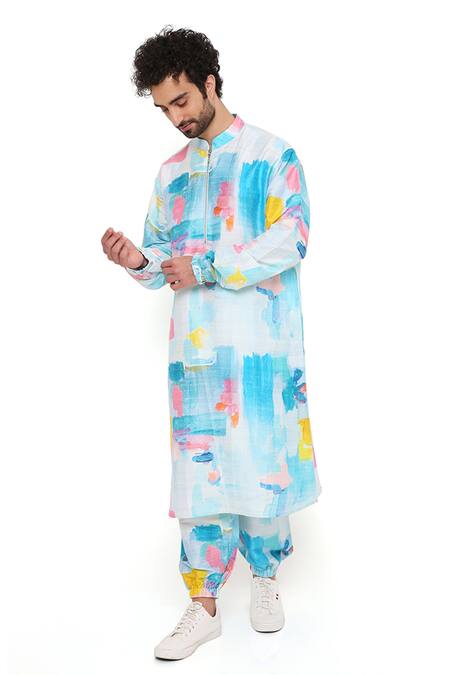 Shop_PS Men By Payal Singhal_Blue Dupion Silk Printed Painterly Kurta And Joggers Set _Online_at_Aza_Fashions