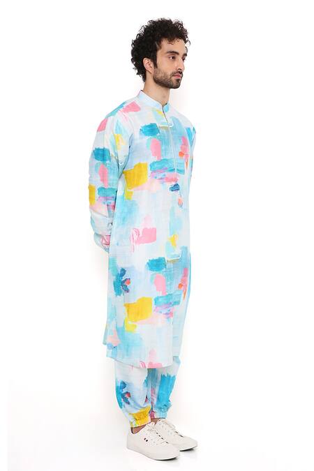 PS Men By Payal Singhal_Blue Dupion Silk Printed Painterly Kurta And Joggers Set _at_Aza_Fashions