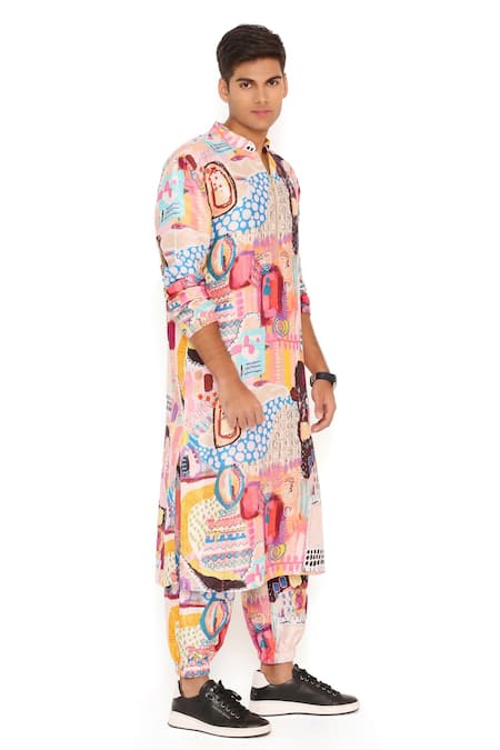 PS Men By Payal Singhal_Peach Dupion Silk Printed Trance Bomber Kurta And Jogger Pant Set _Online_at_Aza_Fashions