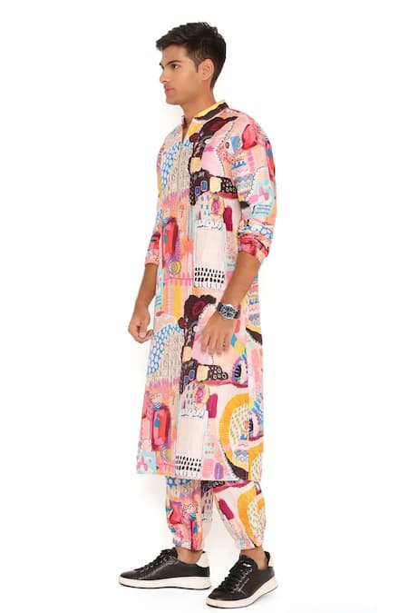 Buy_PS Men By Payal Singhal_Peach Dupion Silk Printed Trance Bomber Kurta And Jogger Pant Set _Online_at_Aza_Fashions