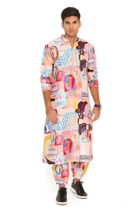 PS Men By Payal Singhal_Peach Dupion Silk Printed Trance Bomber Kurta And Jogger Pant Set _at_Aza_Fashions