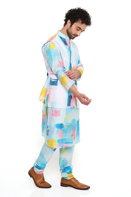 PS Men By Payal Singhal Blue Silk Embroidery Painterly Print Bundi And Kurta Set Online at Aza Fashions PS Men By Payal Singhal_Blue Silk Embroidery Painterly Print Bundi And Kurta Set_Online_at_Aza_Fashions