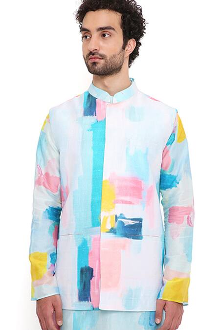 PS Men By Payal Singhal Blue Silk Embroidery Painterly Print Bundi And Kurta Set at Aza Fashions PS Men By Payal Singhal_Blue Silk Embroidery Painterly Print Bundi And Kurta Set_at_Aza_Fashions