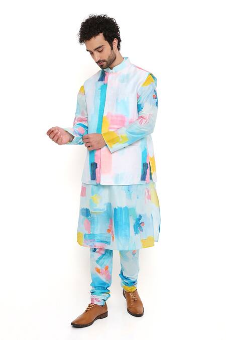 Shop PS Men By Payal Singhal Blue Silk Embroidery Painterly Print Bundi And Kurta Set Online at Aza Fashions Shop_PS Men By Payal Singhal_Blue Silk Embroidery Painterly Print Bundi And Kurta Set_Online_at_Aza_Fashions