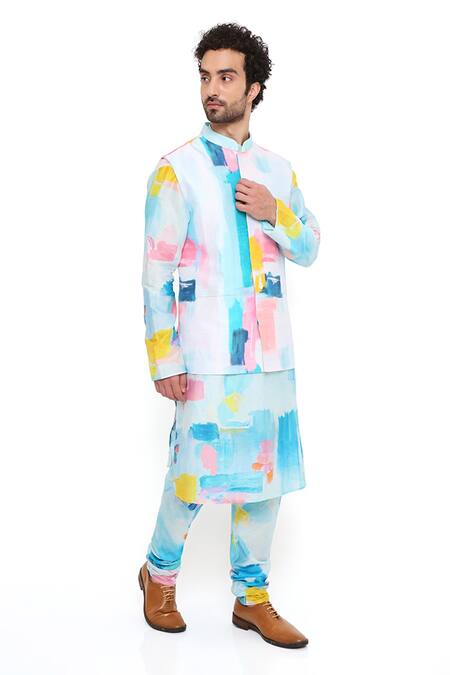 Buy PS Men By Payal Singhal Blue Silk Embroidery Painterly Print Bundi And Kurta Set Online at Aza Fashions Buy_PS Men By Payal Singhal_Blue Silk Embroidery Painterly Print Bundi And Kurta Set_Online_at_Aza_Fashions