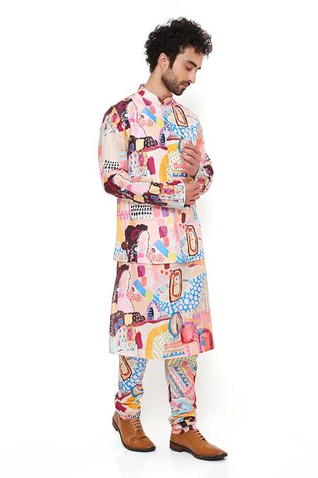 Buy_PS Men By Payal Singhal_Peach , Organza Trance Print Bundi Kurta Set _Online_at_Aza_Fashions