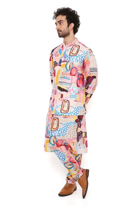 Shop_PS Men By Payal Singhal_Peach , Organza Trance Print Bundi Kurta Set _Online_at_Aza_Fashions