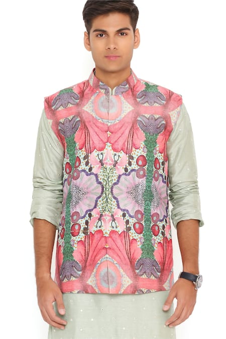 Shop_PS Men By Payal Singhal_Red Bundi  Dupion Silk Printed Enchanted Kurta Set _Online_at_Aza_Fashions