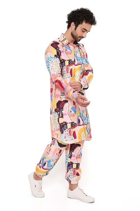 Buy_PS Men By Payal Singhal_Peach Dupion Silk Printed Trance Pathani Kurta And Joggers Set _Online_at_Aza_Fashions