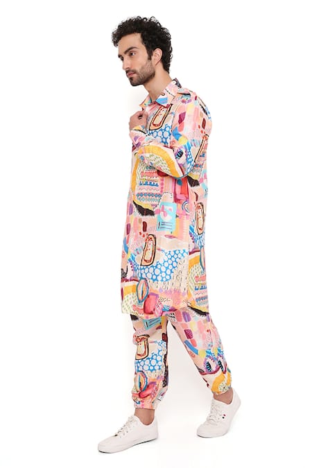 Shop_PS Men By Payal Singhal_Peach Dupion Silk Printed Trance Pathani Kurta And Joggers Set _Online_at_Aza_Fashions