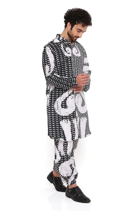PS Men By Payal Singhal Black Dupion Silk Printed Uzbek Pathani Kurta And Joggers Set Online at Aza Fashions PS Men By Payal Singhal_Black Dupion Silk Printed Uzbek Pathani Kurta And Joggers Set_Online_at_Aza_Fashions