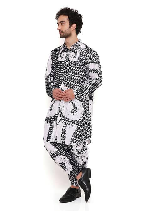 Buy PS Men By Payal Singhal Black Dupion Silk Printed Uzbek Pathani Kurta And Joggers Set Online at Aza Fashions Buy_PS Men By Payal Singhal_Black Dupion Silk Printed Uzbek Pathani Kurta And Joggers Set_Online_at_Aza_Fashions