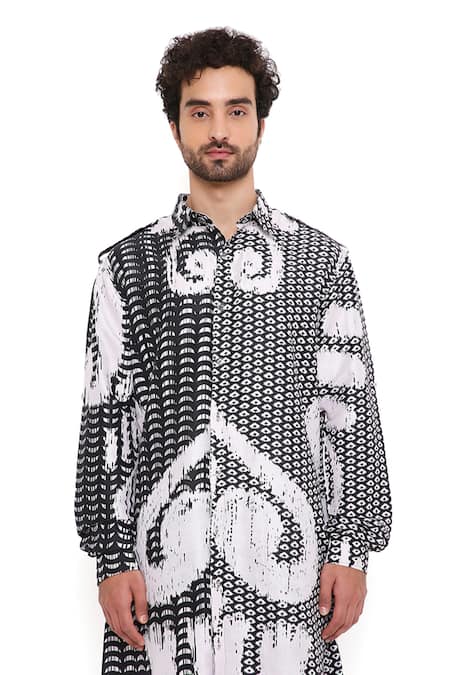 Shop PS Men By Payal Singhal Black Dupion Silk Printed Uzbek Pathani Kurta And Joggers Set Online at Aza Fashions Shop_PS Men By Payal Singhal_Black Dupion Silk Printed Uzbek Pathani Kurta And Joggers Set_Online_at_Aza_Fashions