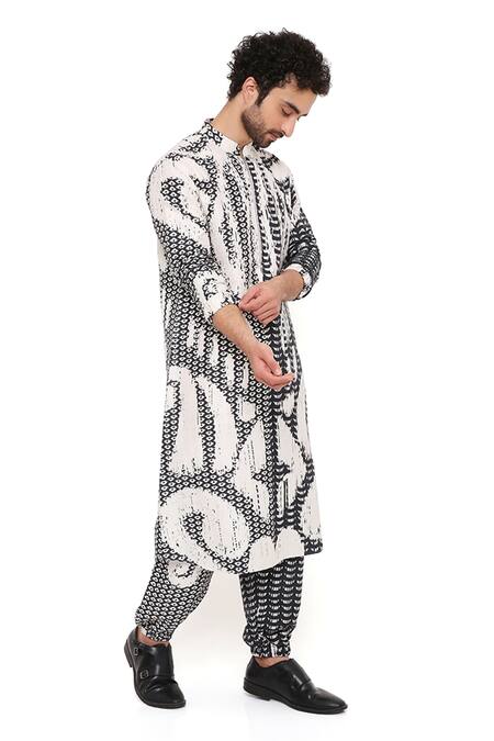 Buy_PS Men By Payal Singhal_Black Dupion Silk Printed Uzbek Kurta And Joggers Set _Online_at_Aza_Fashions