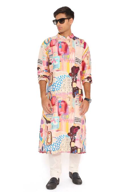PS Men By Payal Singhal_White Kurta  Dupion Silk Printed Trance Set_Online_at_Aza_Fashions