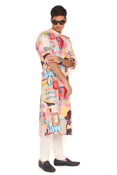 Buy_PS Men By Payal Singhal_White Kurta  Dupion Silk Printed Trance Set_Online_at_Aza_Fashions