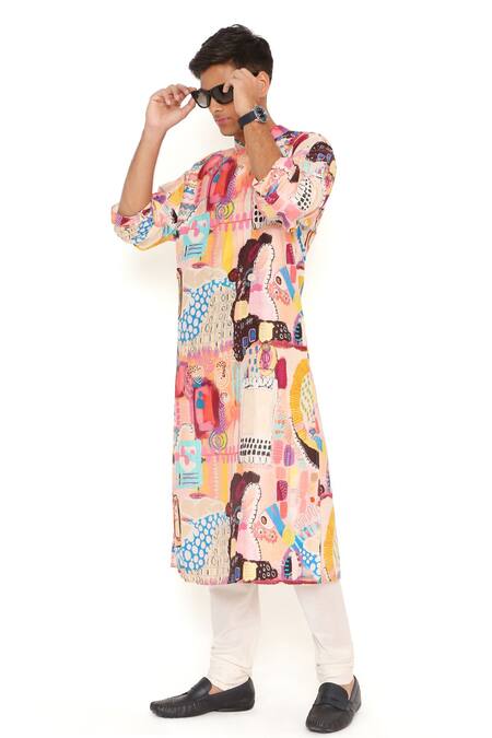 Shop_PS Men By Payal Singhal_White Kurta  Dupion Silk Printed Trance Set_Online_at_Aza_Fashions