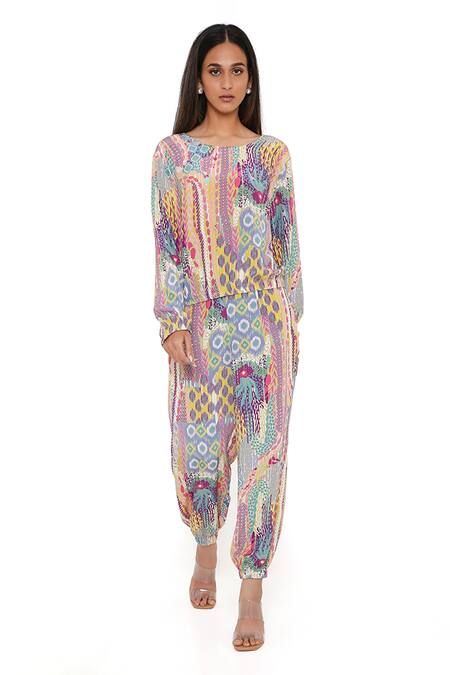 PS Pret By Payal Singhal_Green Crepe African Round Top And Joggers Set _Online_at_Aza_Fashions