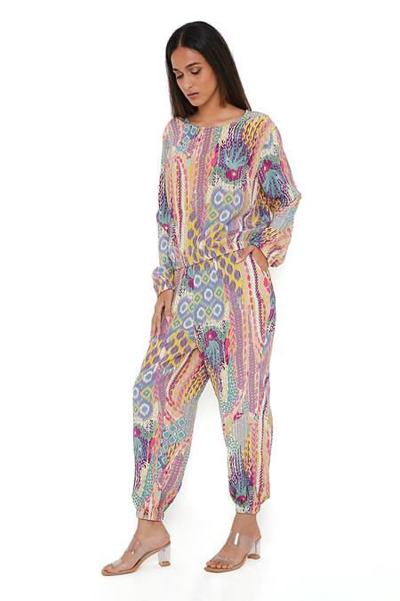 Buy_PS Pret By Payal Singhal_Green Crepe African Round Top And Joggers Set _Online_at_Aza_Fashions