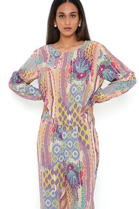 Shop_PS Pret By Payal Singhal_Green Crepe African Round Top And Joggers Set _Online_at_Aza_Fashions