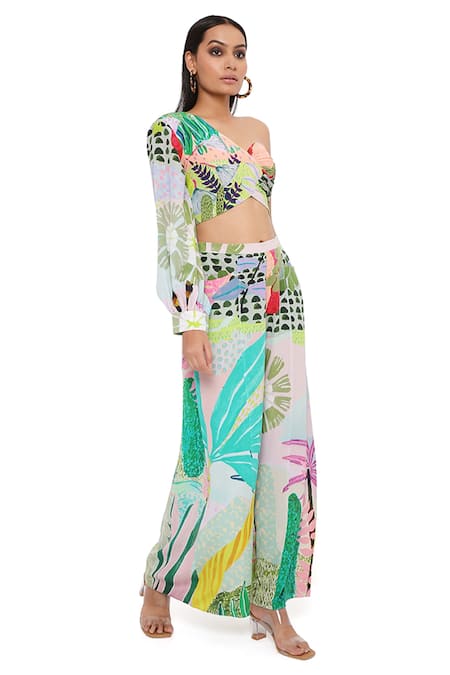 Buy_PS Pret By Payal Singhal_Green Crepe Printed Tropical Asymmetric Top And Palazzo Set _Online_at_Aza_Fashions