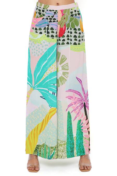 PS Pret By Payal Singhal_Green Crepe Printed Tropical Asymmetric Top And Palazzo Set _at_Aza_Fashions