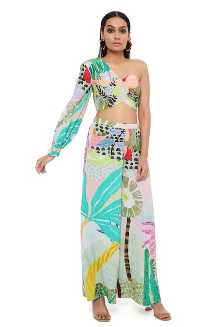 Shop_PS Pret By Payal Singhal_Green Crepe Printed Tropical Asymmetric Top And Palazzo Set _Online_at_Aza_Fashions