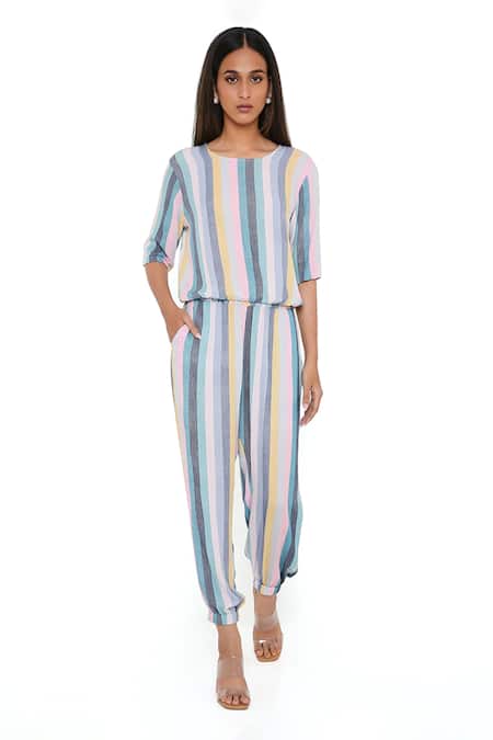 PS Pret By Payal Singhal_Blue Rayon Stripe Print Round Top And Joggers Set_Online_at_Aza_Fashions