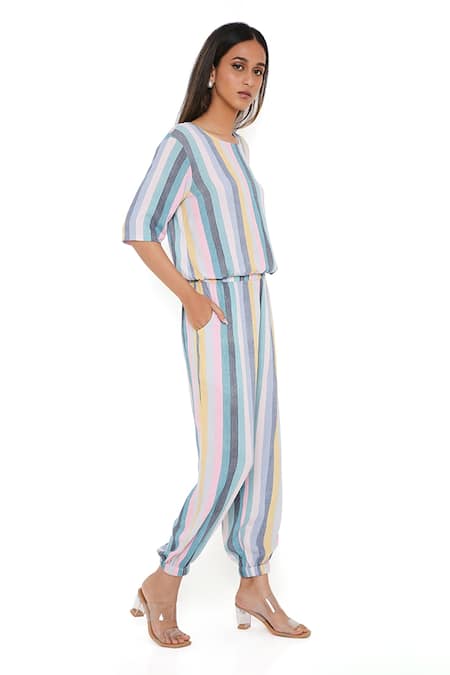 Buy_PS Pret By Payal Singhal_Blue Rayon Stripe Print Round Top And Joggers Set_Online_at_Aza_Fashions