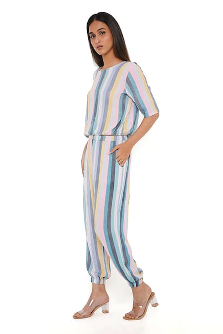 Shop_PS Pret By Payal Singhal_Blue Rayon Stripe Print Round Top And Joggers Set_Online_at_Aza_Fashions