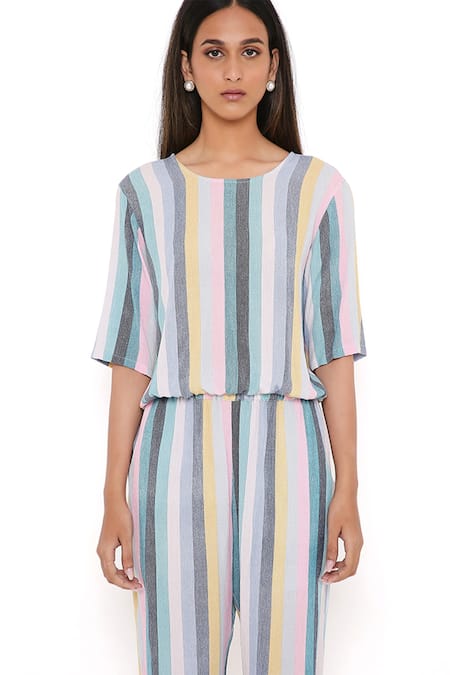 PS Pret By Payal Singhal_Blue Rayon Stripe Print Round Top And Joggers Set_at_Aza_Fashions