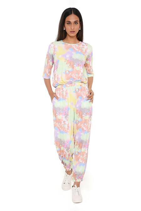 PS Pret By Payal Singhal_Green Cotton Tie And Dye Round Top & Joggers Set_Online_at_Aza_Fashions