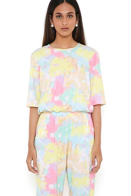Shop PS Pret By Payal Singhal Yellow Cotton Tie And Dye Round Top & Joggers Set Online at Aza Fashions Shop_PS Pret By Payal Singhal_Yellow Cotton Tie And Dye Round Top & Joggers Set_Online_at_Aza_Fashions