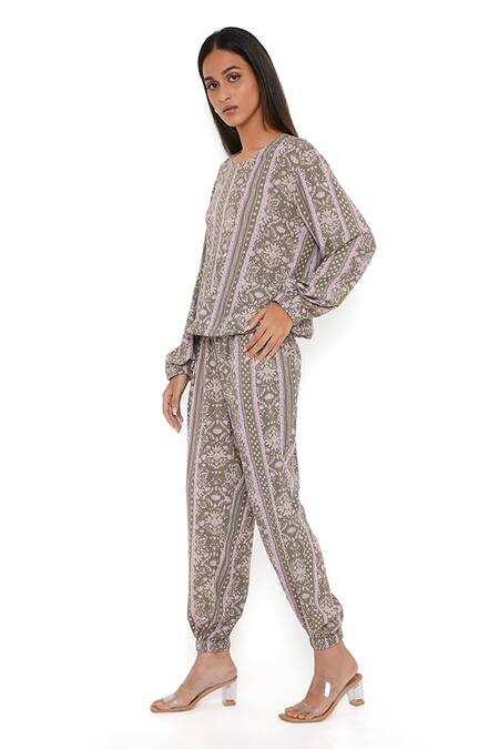 PS Pret By Payal Singhal Green Rayon Floral Print Round Top And Joggers Set Online at Aza Fashions PS Pret By Payal Singhal_Green Rayon Floral Print Round Top And Joggers Set_Online_at_Aza_Fashions