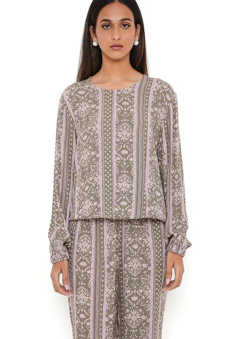 Shop PS Pret By Payal Singhal Green Rayon Floral Print Round Top And Joggers Set Online at Aza Fashions Shop_PS Pret By Payal Singhal_Green Rayon Floral Print Round Top And Joggers Set_Online_at_Aza_Fashions