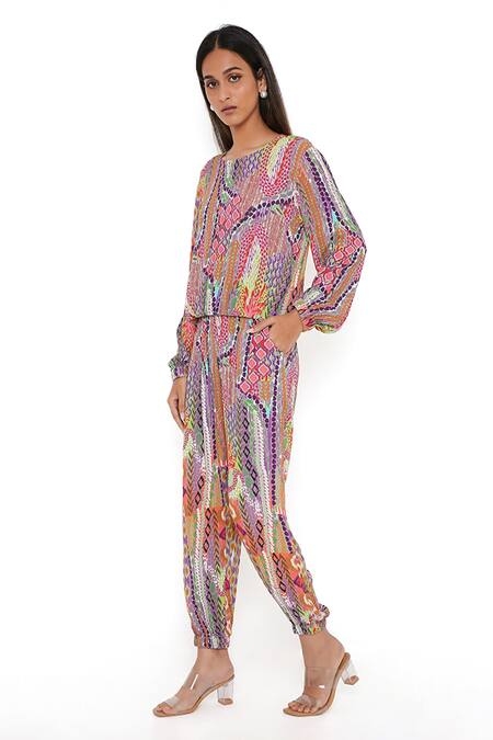 PS Pret By Payal Singhal_Multi Color Cotton African Print Round Top And Joggers Set _Online_at_Aza_Fashions