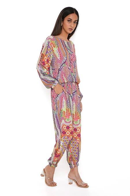 Buy_PS Pret By Payal Singhal_Multi Color Cotton African Print Round Top And Joggers Set _Online_at_Aza_Fashions
