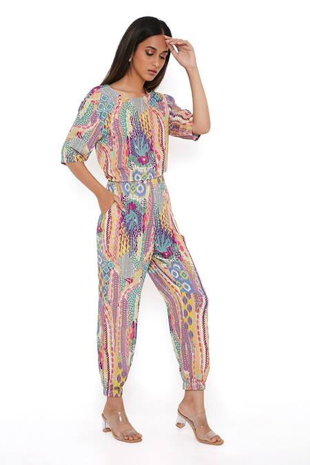 Buy_PS Pret By Payal Singhal_Green Cotton African Print Round Top And Joggers Set_Online_at_Aza_Fashions