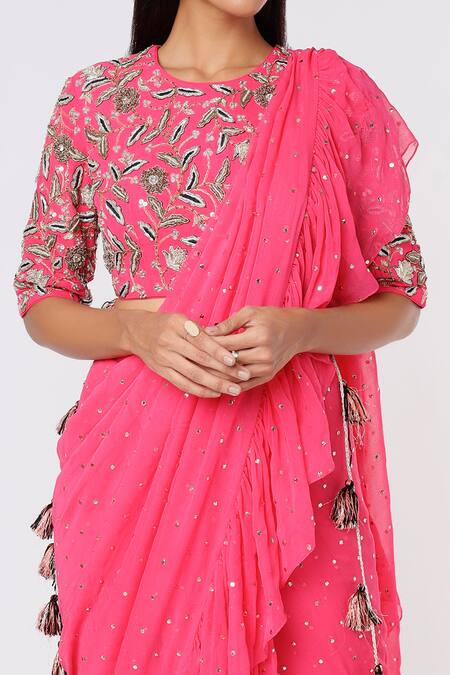 Payal Singhal Pink Georgette Mirrors Round Mukaish Work Pre-stitched Frill Saree With Blouse Online at Aza Fashions Payal Singhal_Pink Georgette Mirrors Round Mukaish Work Pre-stitched Frill Saree With Blouse_Online_at_Aza_Fashions
