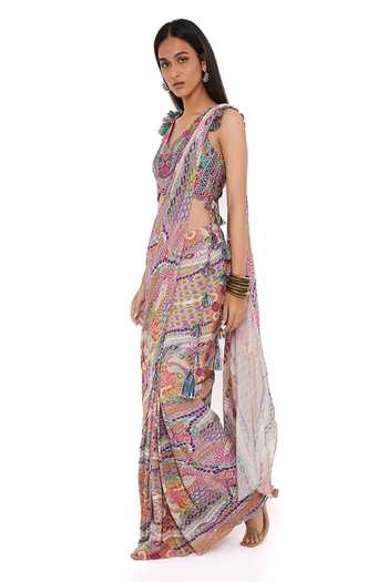 Payal Singhal_Multi Color Georgette African Pattern V Neck Print Pre-stitched Saree With Choli _Online_at_Aza_Fashions