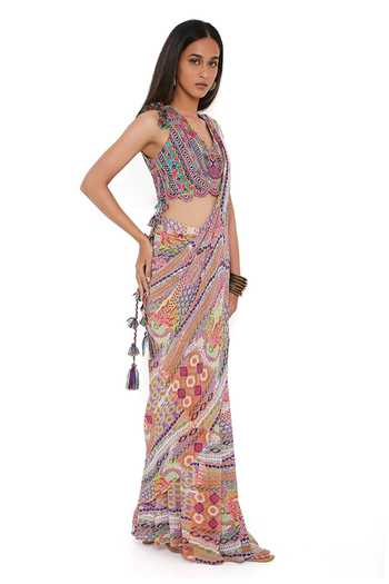 Buy_Payal Singhal_Multi Color Georgette African Pattern V Neck Print Pre-stitched Saree With Choli _Online_at_Aza_Fashions