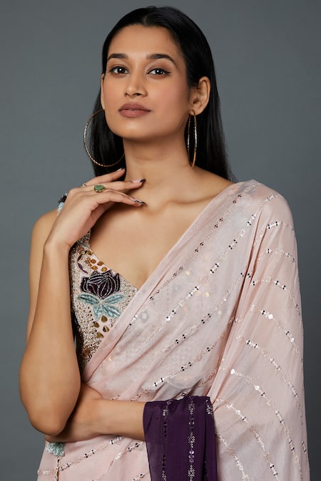 Payal Singhal Purple Georgette Sequins V-neck Work Pre-stitched Ombre Saree With Blouse Online at Aza Fashions Payal Singhal_Purple Georgette Sequins V-neck Work Pre-stitched Ombre Saree With Blouse _Online_at_Aza_Fashions