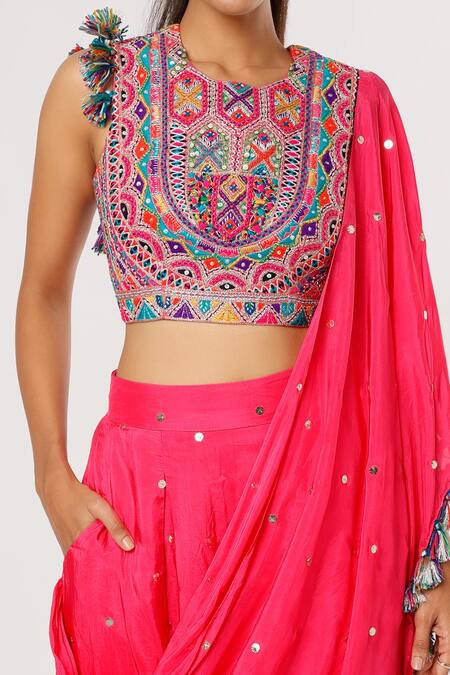 Payal Singhal Pink Silk, Georgette Mirrors Mukaish Work Pant Saree With Sleeveless Blouse Online at Aza Fashions Payal Singhal_Pink Silk, Georgette Mirrors Mukaish Work Pant Saree With Sleeveless Blouse _Online_at_Aza_Fashions