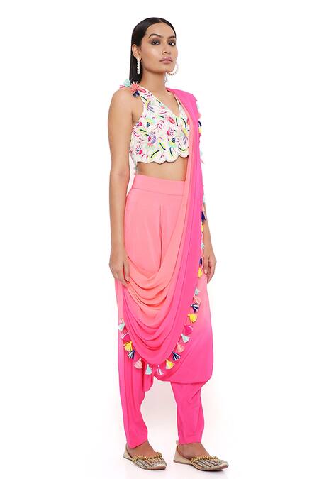 Buy_Payal Singhal_Coral Crepe Embroidery Thread V Neck Shaded Dhoti Saree With Choli _Online_at_Aza_Fashions