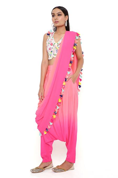 Shop_Payal Singhal_Coral Crepe Embroidery Thread V Neck Shaded Dhoti Saree With Choli _Online_at_Aza_Fashions