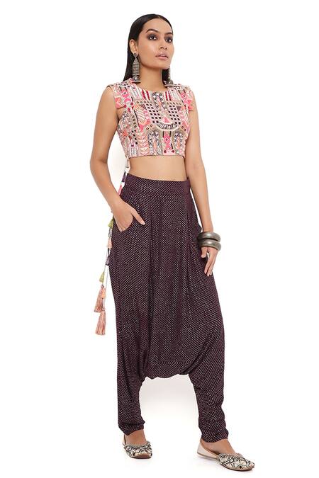 Buy_Payal Singhal_Grey Georgette Embroidery Thread And Mukaish Round Crop Top & Low Crotch Pant Set _Online_at_Aza_Fashions