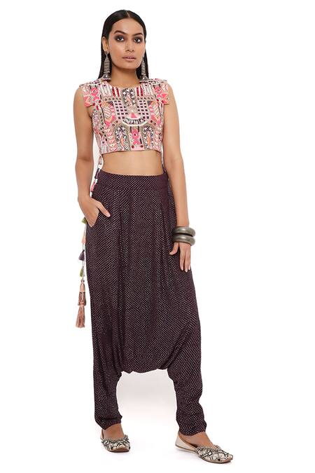 Payal Singhal_Grey Georgette Embroidery Thread And Mukaish Round Crop Top & Low Crotch Pant Set _at_Aza_Fashions