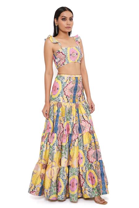 Payal Singhal_Yellow Silk Enchanted Square Neck Bustier And Skirt Set_Online_at_Aza_Fashions